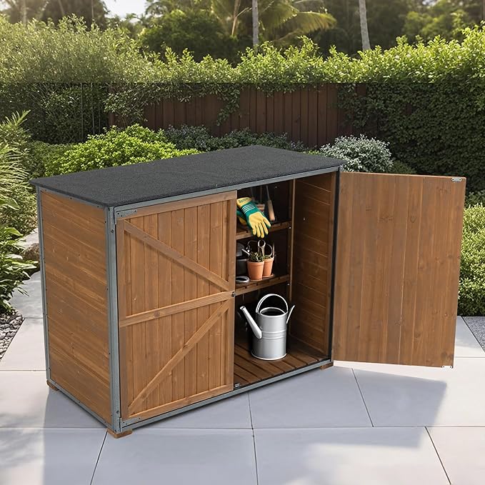 YOPTO Outdoor Wood Storage Cabinet,Garden Shed Tool with Metal Frame Structure and Waterproof Sloping Roof,Backyard Building w/ 3 Compartments & Latch,Furniture for Lawn,50.4"L X 26.8"W X 41"H,Brown