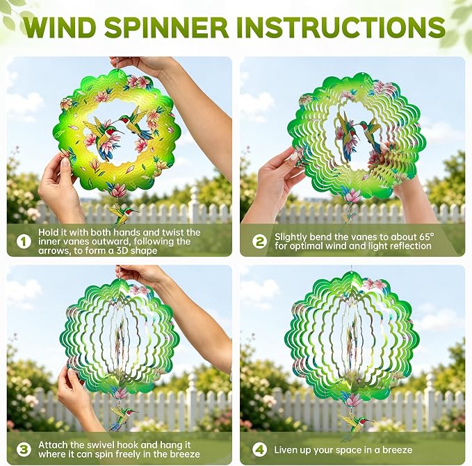 Hummingbird Wind Spinners Outdoor Decor, IDEA SHOW 12 in 3D Kinetic Stainless Steel Hanging Wind Spinner Sculpture with Pendant, Rustproof Metal Yard Art Garden Decorations, Unique Gifts for Women Mom