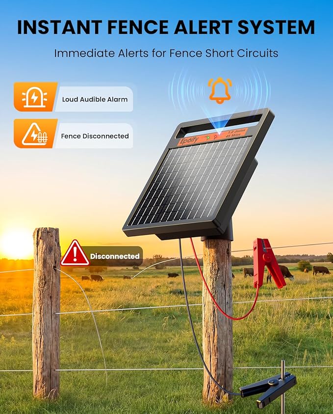 Solar Electric Fence Charger 1.2J Stored Energy, 45 Miles Coverage,8W Solar Fence Energizer with 10000mAh Battery,7–11kV Output, Smart Alarm, All-Weather Fence Charger for Cattle, Horses & Farms