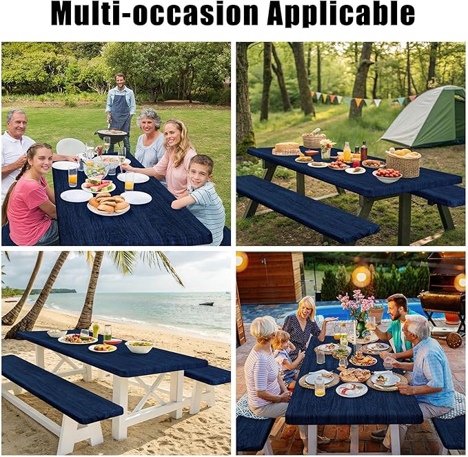 Smiry Picnic Table Cover with Bench Covers, Waterproof Elastic Fitted Tablecloth for 6 Foot Tables, Washable Polyester Tablecloths for Camping, Indoor & Outdoor (Navy & Black, 30x72 Inch 3-pc Set)