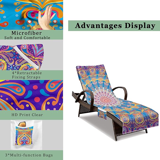 Lounge Chair Towel Cover, Beach Chair Cover (Pack of 2), Pool Lounge Chair Covers for Outdoor,Garden, Beach,Sun Lounger,Hotel Pool,Large Size and No Sliding, 85" X 30", (Mandala Purple)
