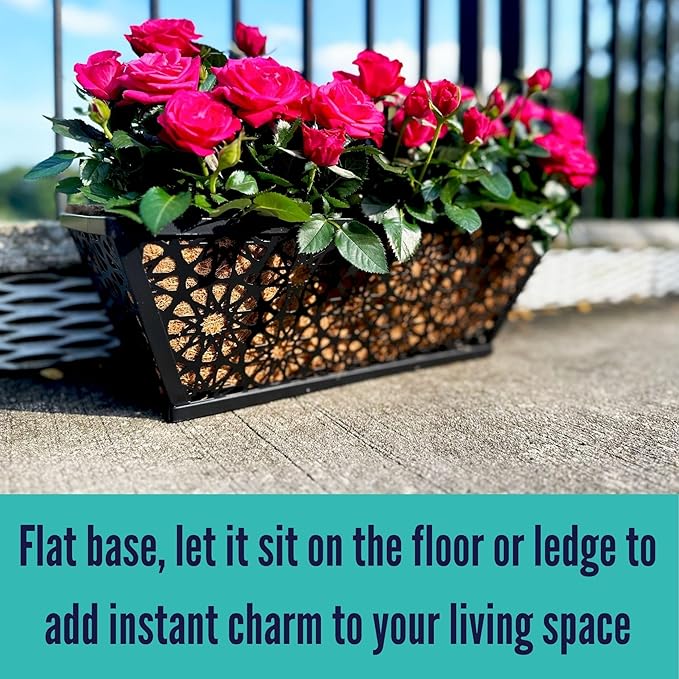 LaLaGreen Window Planter Boxes Outdoor (16 Inch, 2 Pack) Black Metal Wall Hanging Planters for Plants, Deck Railing Flower Box with Coco Liners, Trendy Horse Troughs Balcony Pots Patio Porch Over Rail