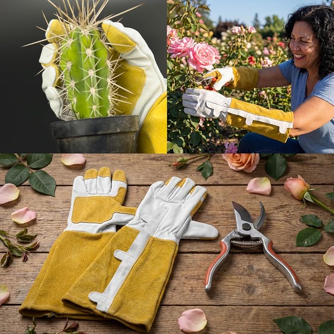 Zip-Up Rose Pruning Gloves | Leather Gauntlet Gardening Gloves | Long Forearm Thorn Protection
