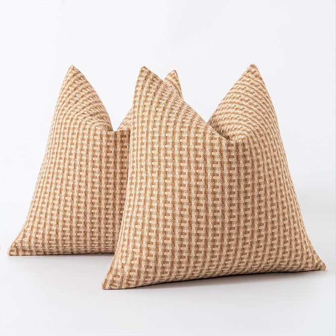 Kevin Textile Outdoor Waterproof Throw Pillow Covers Pack of 2 Weaving Texture Water Resistant Outside Decorative Cushion Covers for Garden Patio Tent Balcony Bench Couch Sofa 16x16 Inch, Light Brown