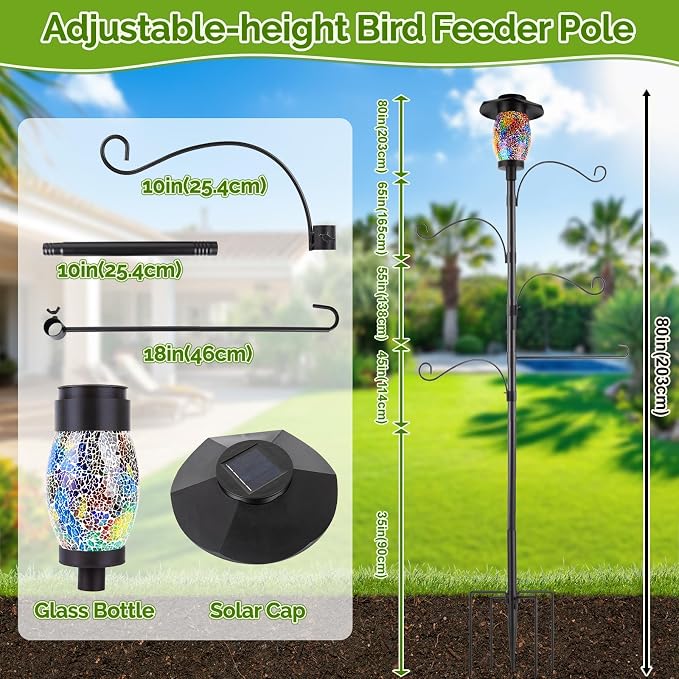 4-Hook Solar Shepherds Hooks for Outdoors,80In Bird Feeder Pole with 5 Prongs Base|Flag Holder|Solar Lights,Heavy Duty Garden Stand Hooks for Hanging Plant Baskets,Wind Chimes,Lanterns