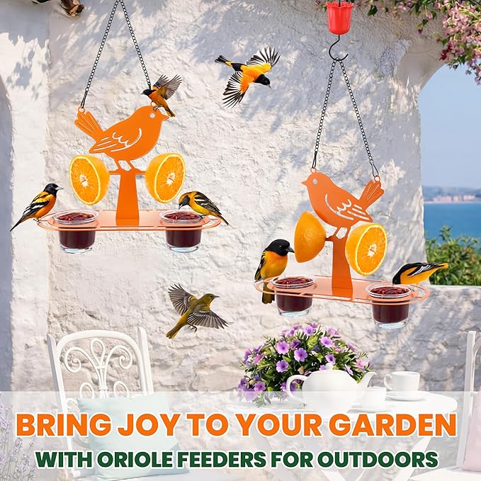 2 Pack Oriole Feeder for Outdoors with Built in Ant Moat, Metal Bird Feeder with 2 Jelly Cup & Orange Holder, Bright Orange Hanging Oriole Feeders for Backyard