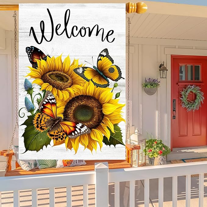 Summer Sunflower Butterfly Garden Flag 28x40 inch Double Sided Welcome Large House Flag, Outdoor Yard Flag for Porch Farmhouse Summer Decor