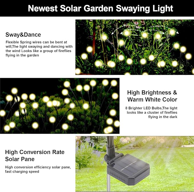 Solar Firefly Lights Warm White, 8 Modes 800mAh Swaying Firefly Yard Lights Solar Powered Outdoor Waterproof for Outside Yard Patio Lawn Pathway Walkway Stake Christmas Garden Decor (6 Pack)