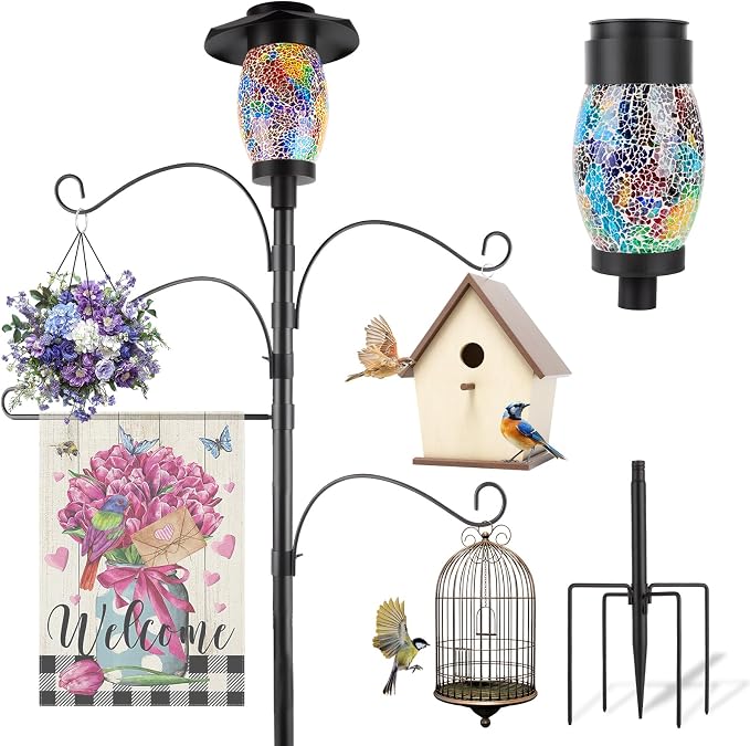 4-Hook Solar Shepherds Hooks for Outdoors,80In Bird Feeder Pole with 5 Prongs Base|Flag Holder|Solar Lights,Heavy Duty Garden Stand Hooks for Hanging Plant Baskets,Wind Chimes,Lanterns