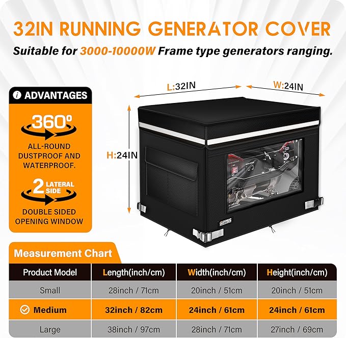 Generator Covers While Running, 32x24x24 inch Generator Cover, 900D+210D Heavy Duty Waterproof, PVC Transparent Visual Operation Window, Top Can Be Opened for Refueling. Black