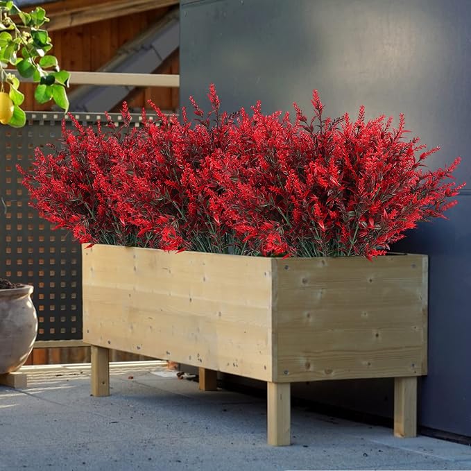 RECUTMS 12 Bundles Artificial Flowers Outdoor Fake Flowers for Decoration UV Resistant No Fade Faux Plastic Plants Garden Porch Window Box Décor, Flores Artificiales para Decoracion(Red)