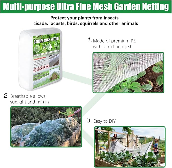 SnugNiture Garden Netting 10x50FT Ultra Fine Mesh Mosquito Netting Plant Covers, White Bird Netting Barrier Greenhouse Row Cover Protect Fruits Flower Vegetables from Birds Deer & Squirrels