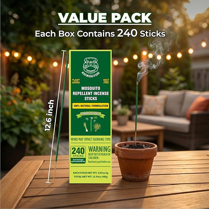 KICKOUTOR® Mosquito Repellent Outdoor Patio, 240 Count Natural Citronella Mosquito Incense Sticks, 1-Hour Burn DEET-Free Flying Insect Bug Control for Backyard Camping | Gnat No-See-um