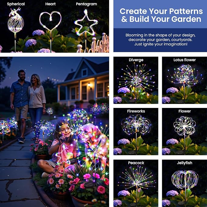 Solar Lights Outdoor, 120LED 8pack Fairy Garden Lights Decor for Outside Fireworks Lights Solar Powered for Yard, Patio, Pathway, Walkway, Balcony,Multicolor