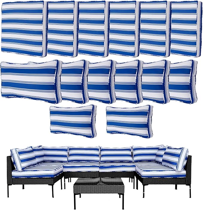 14Pcs Outdoor Cushion Covers Replacement Washable Waterproof UV w/Zipper for 6-Seaters Sofa Patio Slipcovers Set Seat and Back Covers Only (Deepblue Stripe, 25.6x25.6inch)