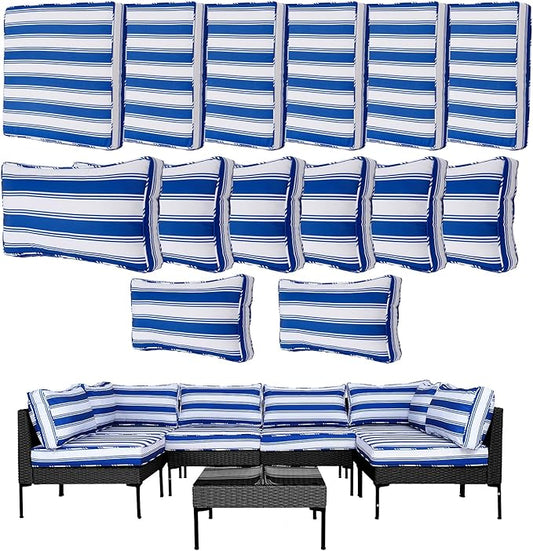 14Pcs Outdoor Cushion Covers Replacement Washable Waterproof UV w/Zipper for 6-Seaters Sofa Patio Slipcovers Set Seat and Back Covers Only (Deepblue Stripe, 25.6x25.6inch)
