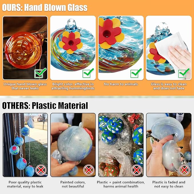 Charming Wind Chimes Hummingbird Feeder for Outdoors Hanging Ant and Bee Proof, Never Leak,Unique Hand Blown Glass Humming Bird Feeder Perfect Garden Decor for Window Garden Patio