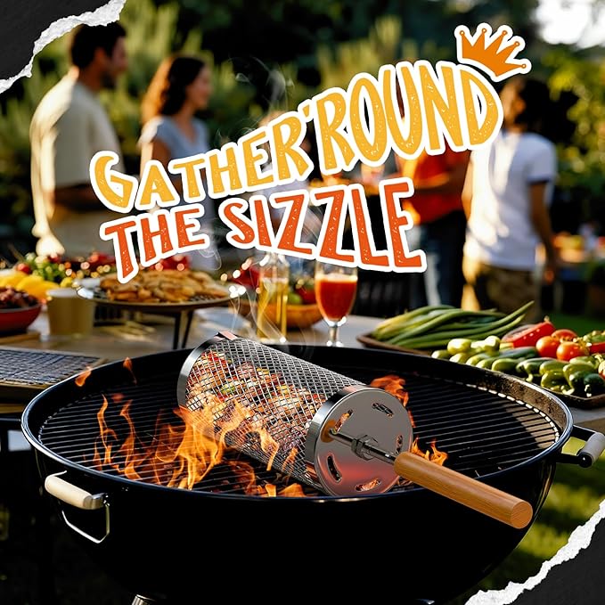 Rolling Grill Basket-Lager,304 Stainless Steel Grill Basket with Removable Wooden Handle,BBQ Tool & Smoker Accessory for Veg & Shrimp,Ideal for Outdoor Cooking,Camping & Gifts for Dad/Husband/Men 9.6*4.5*4.5 inches(For 3-4 People)