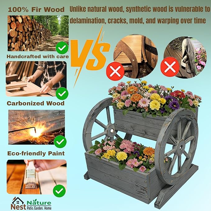 2 Tier Classic Wooden Wagon Planter Box|Outdoor Planter/Flower Pot for Indoor&Outdoor Plants-Rustic Garden Planter for Patio,Porch&Garden Decor-Raised Garden Bed for Succulents,Herbs,Vegetables