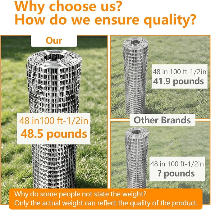 Gardeal 48in x 100ft 19 Gauge 1/2 Inch Hardware Cloth - Double Hot-Dipped Galvanized After Welding Steel Mesh - Duty Rust Proof Fencing for Gardens, Chicken Coops & Poultry Animal Netting Cage Screen