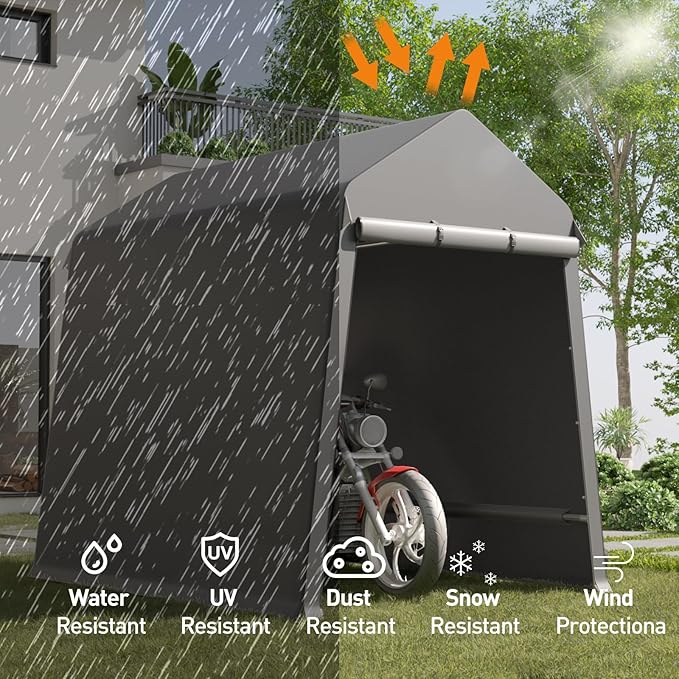 6X8FT Heavy-Duty Portable Outdoor Shelter Shed - Waterproof UV-Resistant Carport with Roll-Up Zipper Doors & Vents, Anti-Snow Motorcycle Garage Tent, Grey