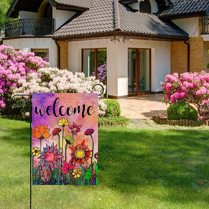 Hzppyz Welcome Spring Summer Watercolor Garden Flag Double Sided, Flowers Decorative House Yard Lawn Outdoor Small Burlap Flag Vintage Sunflower Decor Farmhouse Seasonal Outside Decorations 12 x 18