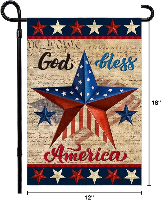 Patriotic God Bless America 4th of July Garden Flag 12 x 18 Inch Vertical Double Sided Blue Red Star Independence Day Memorial Day Yard Outside Décor
