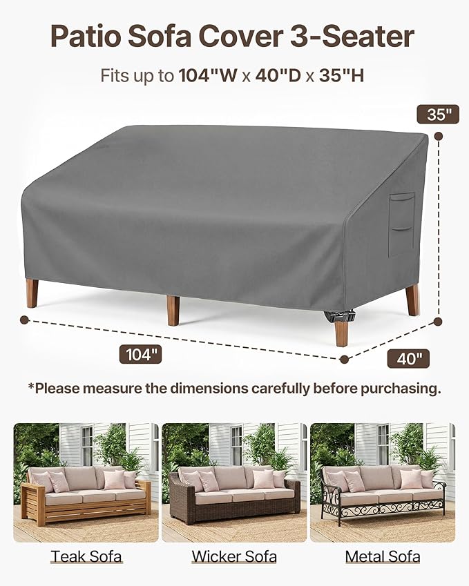 Vailge Heavy Duty Patio Sofa Cover, 100% Waterproof 3-Seater Outdoor Sofa Cover,Lawn Patio Furniture Covers with Air Vent and Handle,104" Wx 40" Dx 35" H,Grey