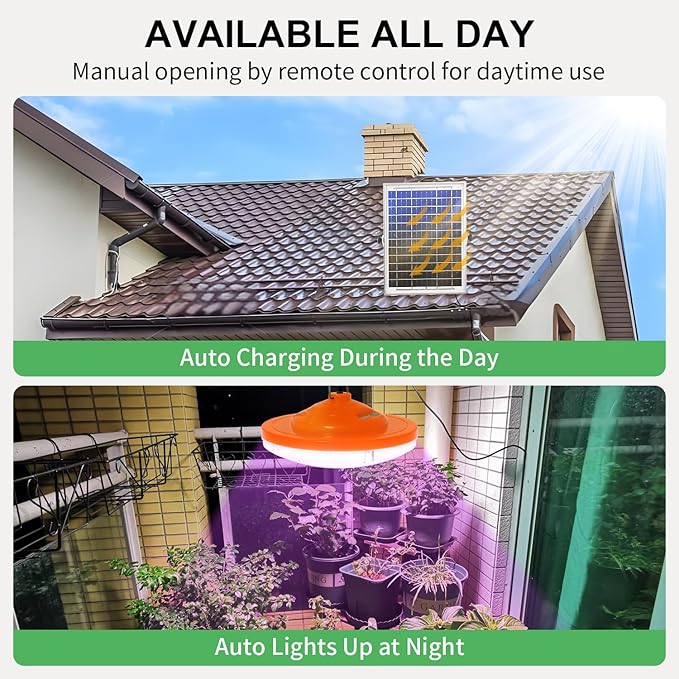 96 LED Solar Grow Lights Battery Powered, Full Spectrum Hanging Grow Light for Indoor Outdoor Plants with Timer, Solar Plant Lamp for Greenhouse with Remote Control, 2 Charging Way, 16.6FT Cord