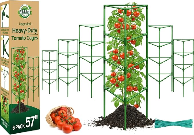 Halatool 6 Pack Heavy Duty Tomato Cages, 57 Inch Tall Metal Plant Supports Stakes for Outdoor Garden, Adjustable Foldable Steel Trellis for Climbing Plants Cucumbers Peppers Flowers Vegetables Fruits