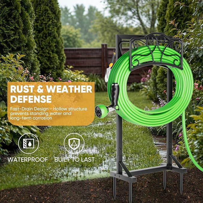Heavy-Duty Garden Hose Holder with Tool Hooks and Stable Base, XEAPOMS Metal Hose Hanger Garden Hose Storage Holds 160Ft, Rustproof Freestanding Water Hose Holder for Outside, Yard, Lawn, Farm