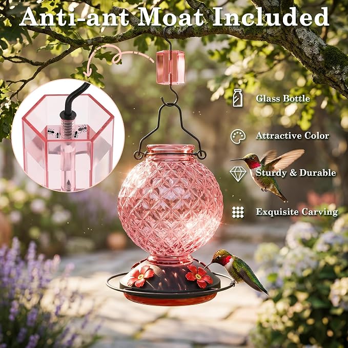 25 OZ Glass Hummingbird Feeder for Outdoors, Leak Proof Hummingbird Feeder with Ant Moat, 4 Bee Resistant Feeding Ports, Easy Clean Wide Mouth Design, 360° Perch, Hanging Nectar Feeder, Pink