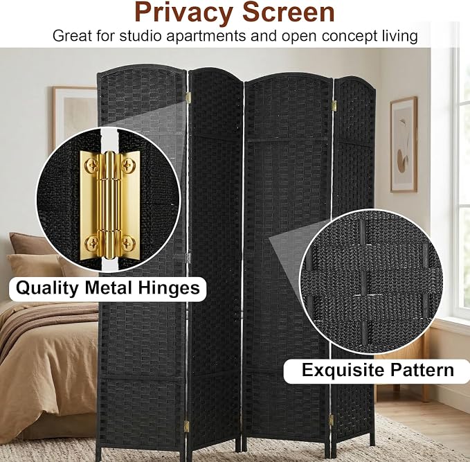 FDW Room Divider 4 Panel Screen 5.6 Ft Tall Partition Privacy Screens Folding Room Separation Free Standing Waterproof Wood Frame Wall Divider, Coal Black