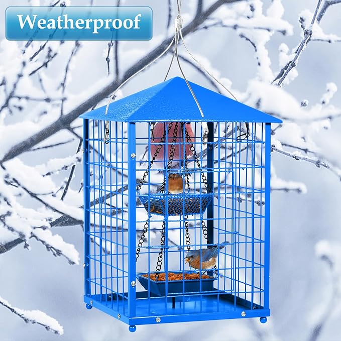 Mosloly Bluebird Feeders Squirrel-Proof, 7 lbs, Large Heavy Metal Caged Mealworms Blue Bird Feeders for Outside, Weatherproof Wild Bird Feeder,2 Layer Seed Cups(Blue)