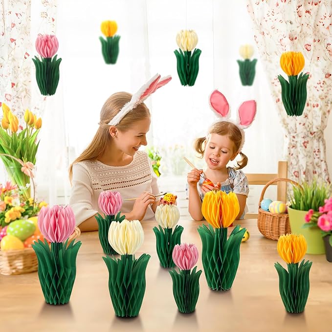 12 Pcs Tulip Honeycomb Decorations, Spring Decorations for Office, Table Decor, Tulip Party Decorations, Spring Centerpieces for Tables for Mothers Day Party, Womens Day