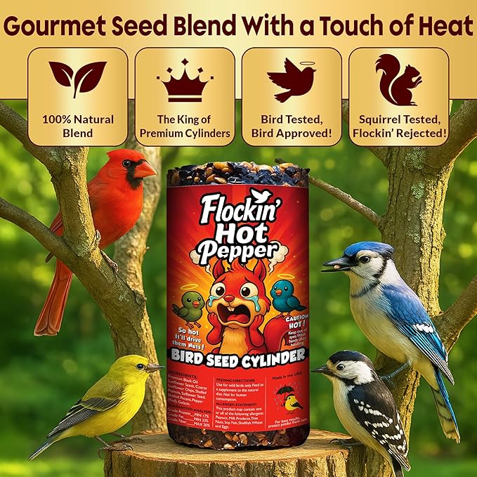 Hot Pepper Bird Seed Cylinders with Hole – Squirrel Proof Bird Seed Spicy – Perfect for Cardinals, Woodpeckers, Finches, Blue Jay & More – Wild Birdseed with No Filler – USA Made (6" x 7.75")
