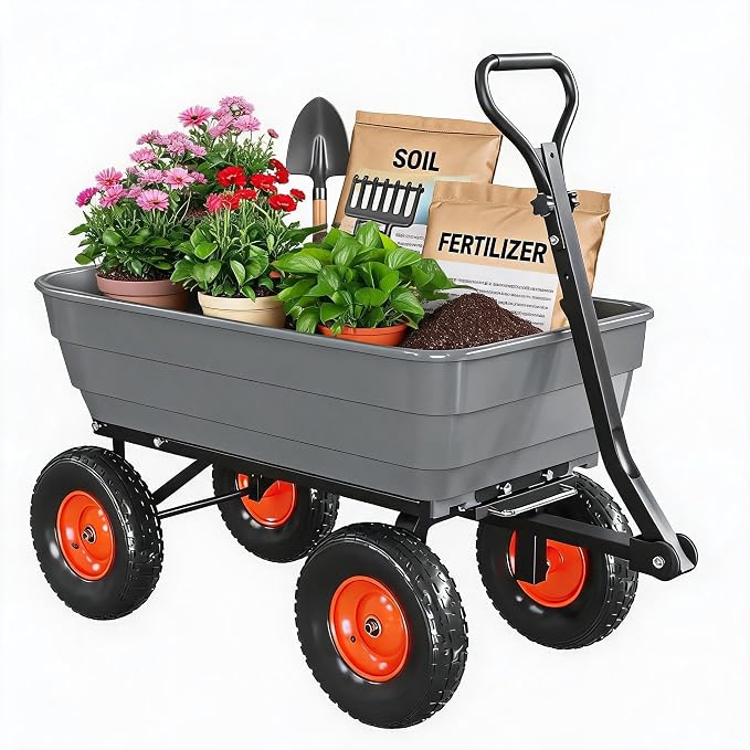 1200 lb Poly Garden Dump Cart, Wheelbarrow Yard Cart with 13 in Wheels, Quick-Dump & Towable Utility Wagon with Convertible Handle for for Yard, Soil, Rocks（Gray）