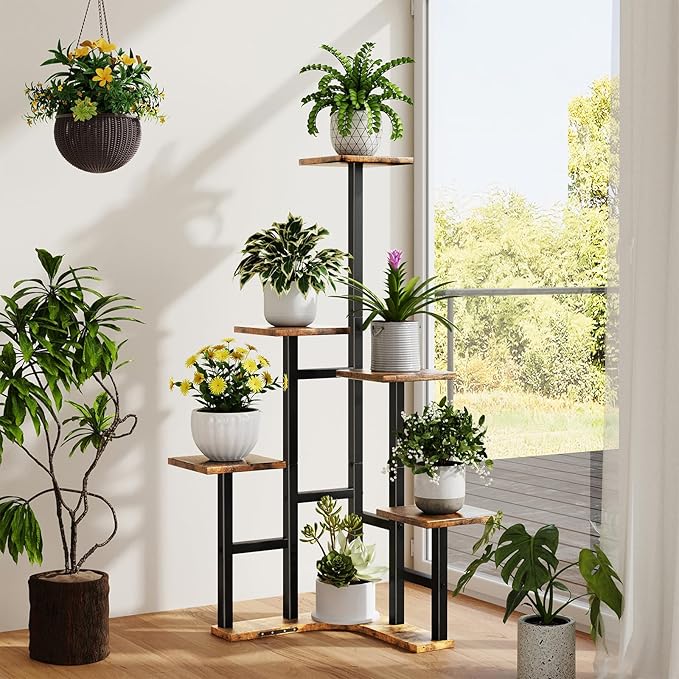Yzosvki Corner Plant Stand Indoor, 6 Tiered Corner Plant Shelf Flower Stand for Multiple Plants, Plant Shelves Organizer Rack for Living Room, Balcony, Patio, Garden, Square Rustic Brown