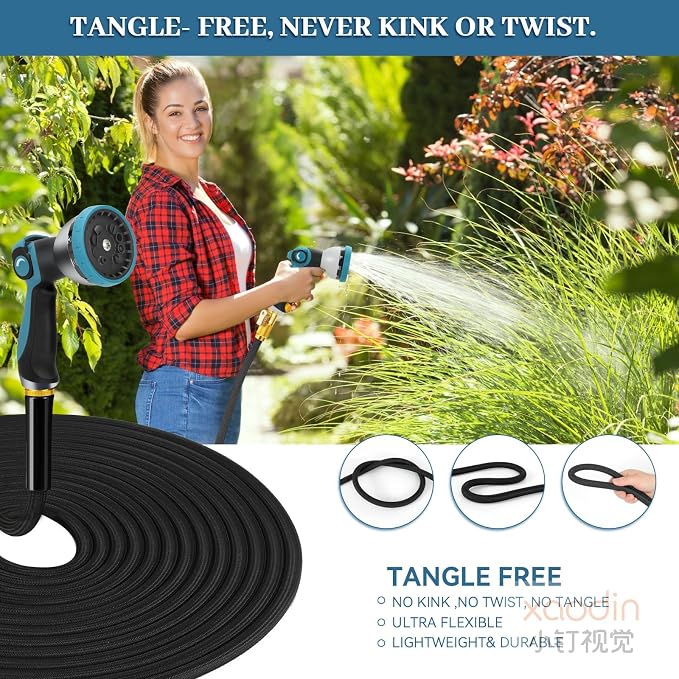 Non-Expandable Garden Hose 100ft Kink Free Flexible Water Hose with 10-Pattern Spray Nozzle, 3/4" Brass Connectors,Leak Proof,Abrasion Resistant Hose for Lawn, Yard, Car Washing, and Outdoor Use