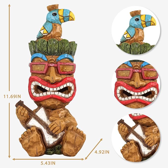 Solar Tiki Garden Statue Outdoor Decor - Tiki Bar Decorations 11.69 inch Tall for Outdoor Patio, Balcony, Yard, Backyard,Lawn,Tiki Gifts