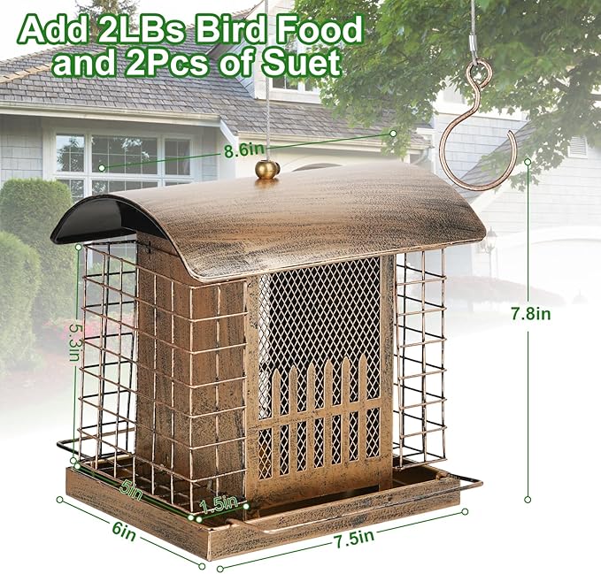 Suet Bird Feeder Outdoor Hanging with 2 Metal Mesh Cages - Attracts Woodpeckers, Finches, Sparrows - Wild Bird Feeder for Garden, Yard Decoration or Gift