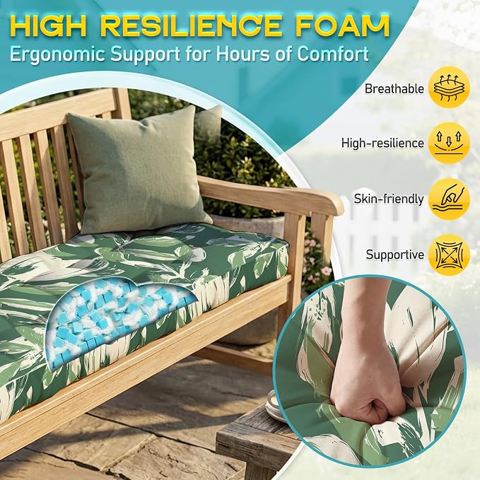 Outdoor Bench Cushion, Tufted Patio Seat Pad for Garden Bench, Porch Swing, Indoor/Outoor Furniture (Green Tulip, 48X18X4 inch)