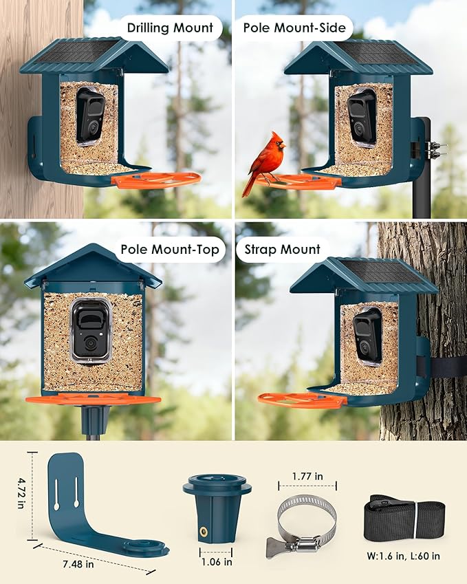 Bird Feeder with Camera Solar Powered, 2K Live Arrival Alert Auto Capture Video with 32GB TF Card, AI Identify Smart Camera Bird Feeder Ourdoor Backyard Gift for Mom Dad Birdlover, 2.4G WiFi