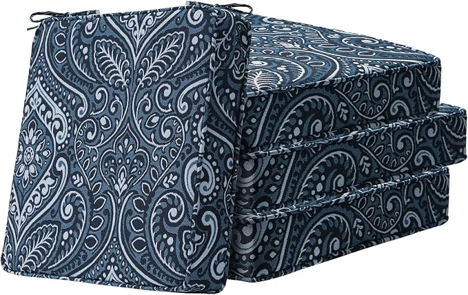 Unimatta Square Corner Seat Cushions, 19" x 19" x 3", Set of 4, Indoor Outdoor Water Repellent Universal Chair Pads with Ties for Patio Furniture, Garden Deck Dining Chairs, Damask Blue Flower