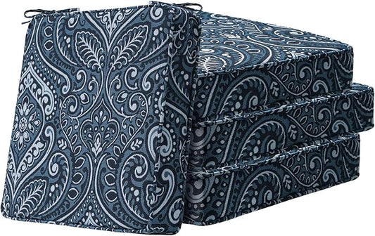 Unimatta Square Corner Seat Cushions, 19" x 19" x 3", Set of 4, Indoor Outdoor Water Repellent Universal Chair Pads with Ties for Patio Furniture, Garden Deck Dining Chairs, Damask Blue Flower
