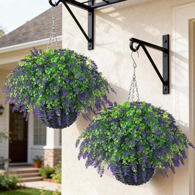VIERENA Artificial Lavender and Eucalyptus Leaves Hanging Basket - 2 Set for Outdoor Decorations,Fake Flower Hanging Basket UV-Resistant for Porch, Home Garden, Farmhouse, Eaves, Yard Decor