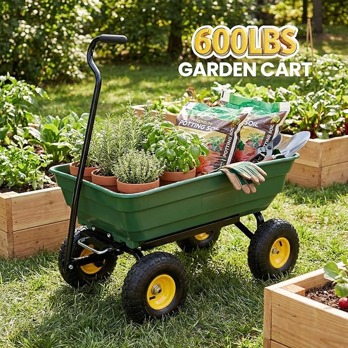 Heavy Duty Garden Dump Cart - 600lbs Load Capacity, 10" All-Terrain Wheels, Quick-Release System, Durable Poly Bed, 180° Rotating Handle, Yard Cart for Landscaping, Farm, and Outdoor Work