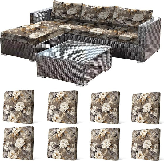 CALBODE 8 Pcs Stretch Outdoor Seat Cushion Covers, Washable Chair Seat Cover for Patio Furniture Cushions Soft Indoor and Outdoor Couch Cover Replacement (Brown Blooms, Cover Only)