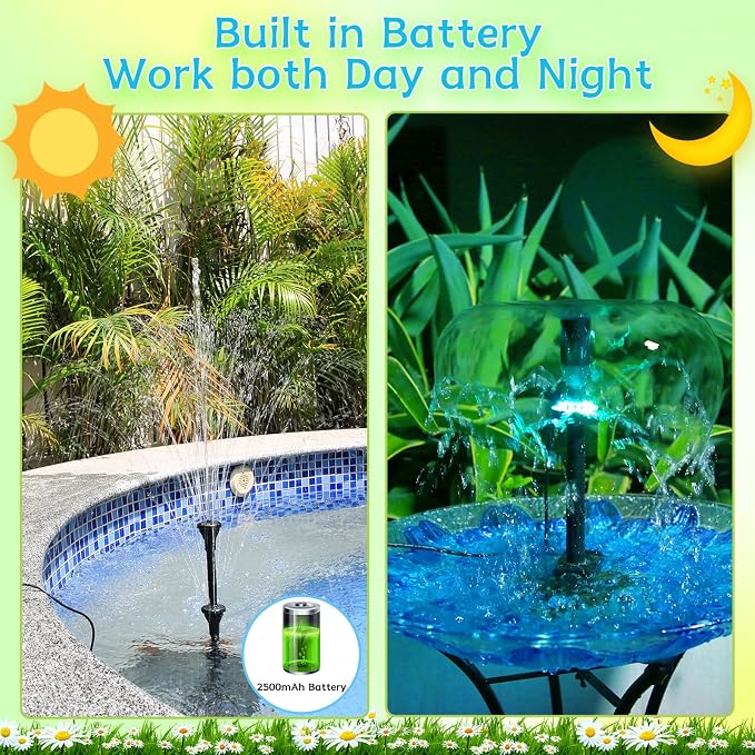 AMZtime 20W Solar Fountain Pump with 2500mAh Battery and 12 LED Lights, Solar Powered Water Pump for Bird Bath, Pond, Garden, Fish Tank, and Waterfall, Long Cord, Easy DIY Setup, 2026 Upgraded Version