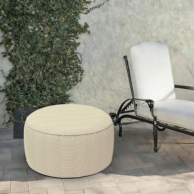 LVTXIII Indoor/Outdoor Large Inflatable Ottoman Pouf D31 x H14 Inch, Round Footstool with Handle, Weather-Resistant Portable Furniture for Patio, Camping, Beach, Stripe Beige